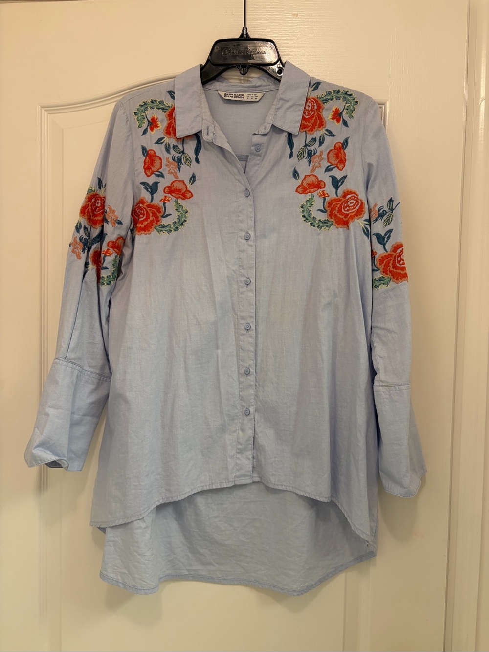 Zara Light Blue Denim Button-Up Shirt with Teal Stitch Detail